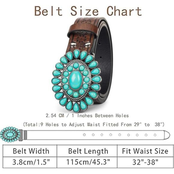 Western Turquoise Belt Embossed PU Leather Cowgirl Belt for Jeans Pants Dresses - Picture 4 of 10